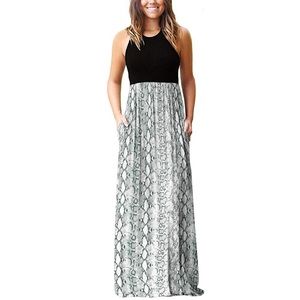 Black & Snake-Print Maxi Dress with Pockets